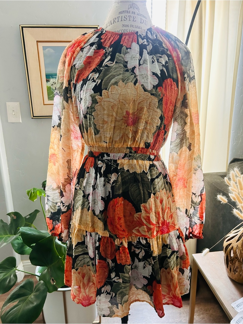 MINKPINK Black Floral Long-Sleeve Tiered Mini Dress